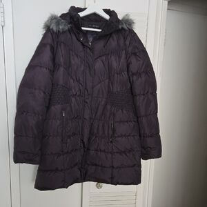 Via Spiga Gray Dark Purple Hue Down Filled Puffer Jacket with Faux Fur Trim XL